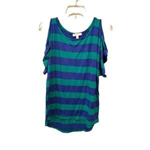 Kenar‎ Cold Shoulder Top Women's Medium Blue Striped Rayon Stretch Scoop Neck